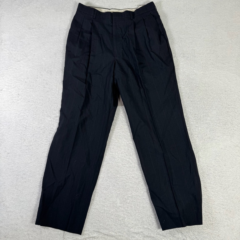 Haggar Dress Pants Mens 28x27 Navy Blue Good Pleated Pinstripe Wool Blend